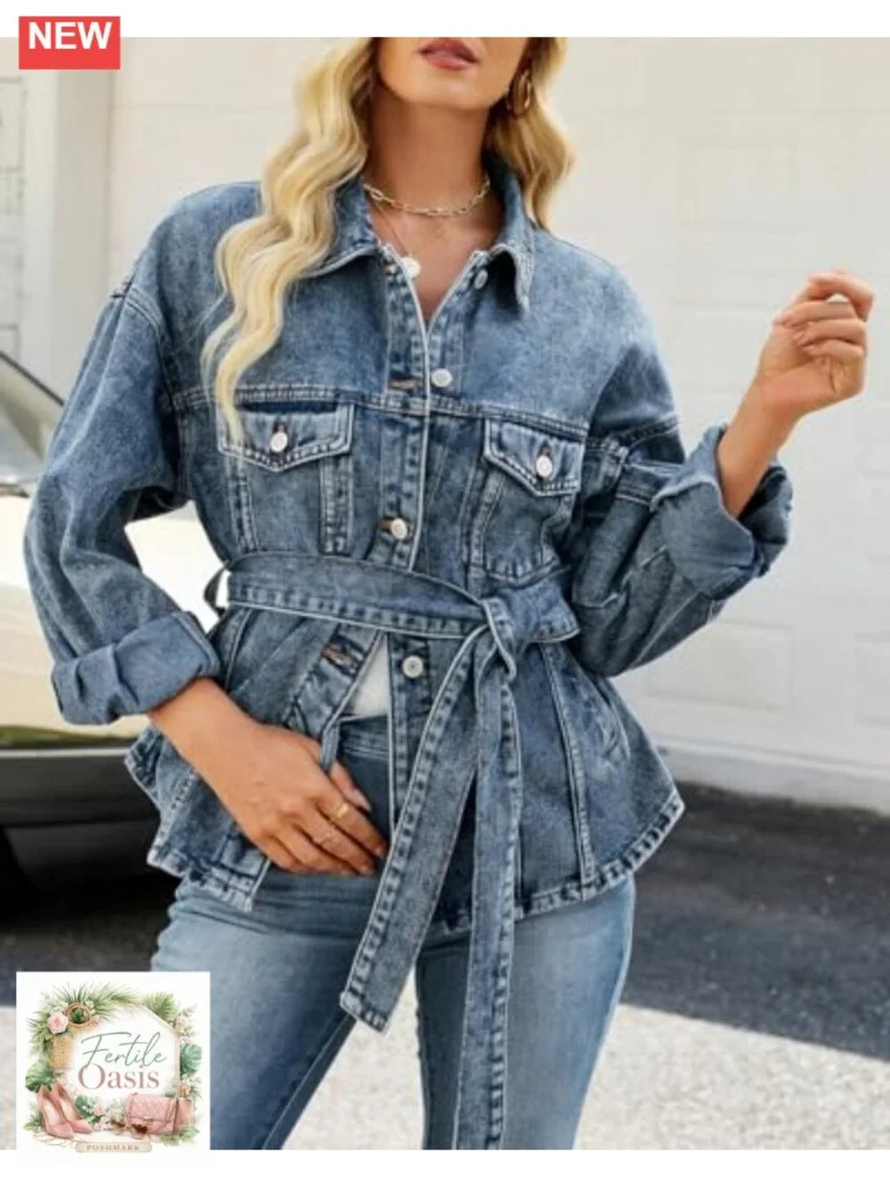 Oversized Denim Jacket with Belt Women Long Sleeve Button Down Boyfriend Jean